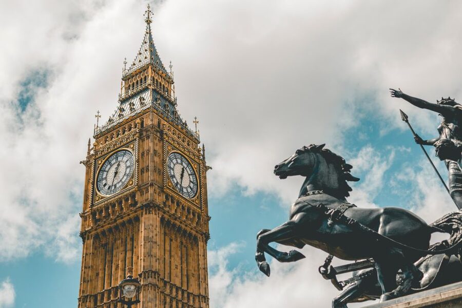 London: London in WW2 and Churchill War Rooms Entrance - Big Ben, Parliament, and the wartime government