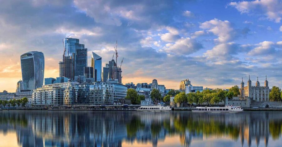 The City of London skyline seen from a boat on the Thames